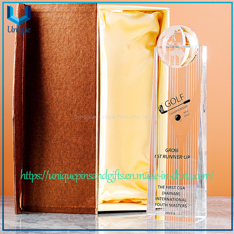 Trofeo de cristal personalizado, galardonado con premios de golf, en forma de rascacielos con una parte superior cóncava para incrustar una esfera.