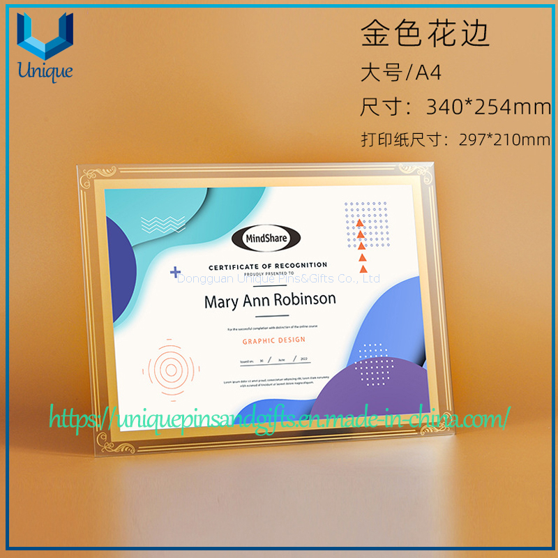 Portacertificados de acrílico/cristal, A3, A4, marco de soporte de exhibición standable para escritorio de certificado de documentos