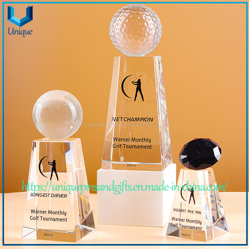 Trofeo de cristal personalizado con parte superior esférica: globo terráqueo, pelota de golf, opciones de forma de gema, base trapezoidal alta, patrones impresos y texto - para premios