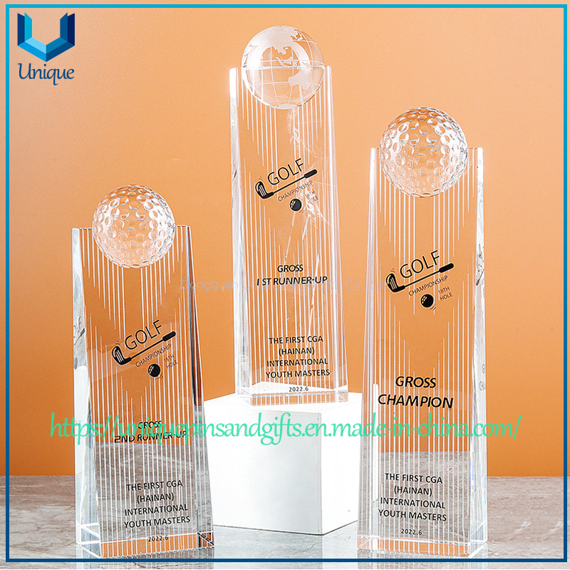 Trofeo de cristal personalizado, galardonado con premios de golf, en forma de rascacielos con una parte superior cóncava para incrustar una esfera.