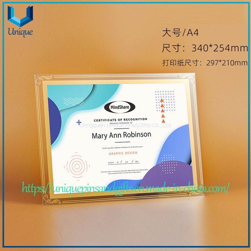 Portacertificados de acrílico/cristal, A3, A4, marco de soporte de exhibición standable para escritorio de certificado de documentos