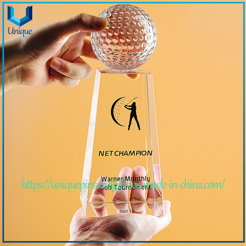 Trofeo de cristal personalizado con parte superior esférica: globo terráqueo, pelota de golf, opciones de forma de gema, base trapezoidal alta, patrones impresos y texto - para premios