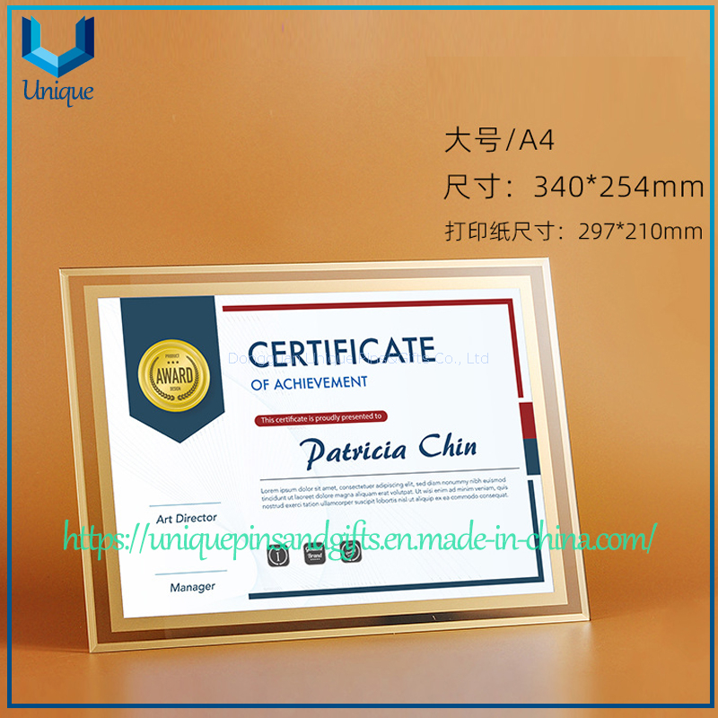 Portacertificados de acrílico/cristal, A3, A4, marco de soporte de exhibición standable para escritorio de certificado de documentos