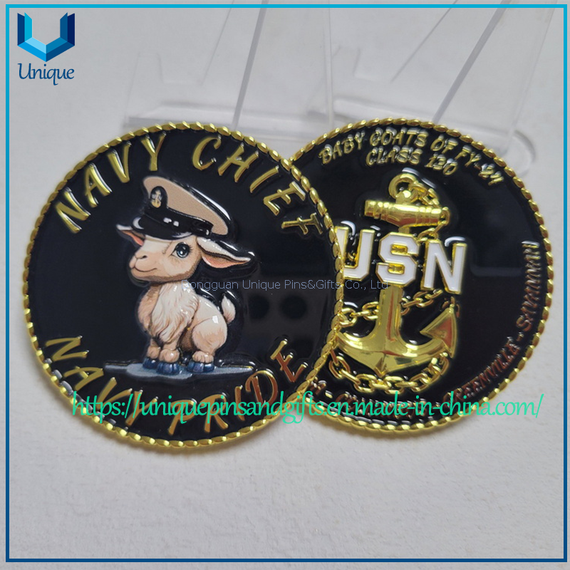 Moneda azul marino chapada en oro con borde de cuerda 3D, moneda militar de EE. UU., moneda de desafío de ancla con impresión UV 3D 