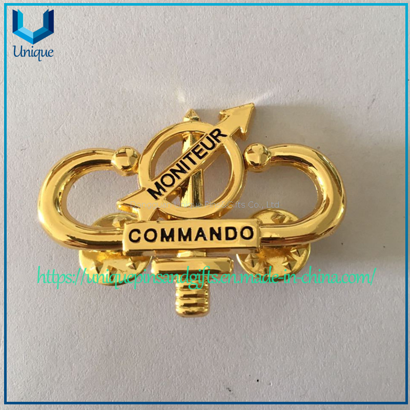 Insignia de Pin de solapa plateada y dorada 3D de Commando Moniteur personalizada, insignia de metal de la policía militar con embrague de mariposa 