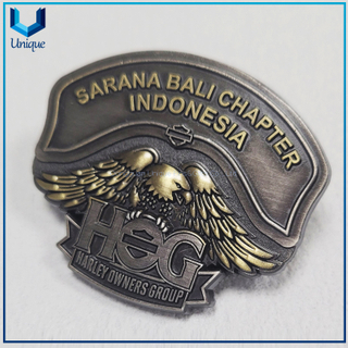 Insignia de metal personalizada para regalo de recuerdo del grupo de propietarios de Harley de Indonesia, alfileres de solapa con emblema de metal 3D chapados en dos tonos