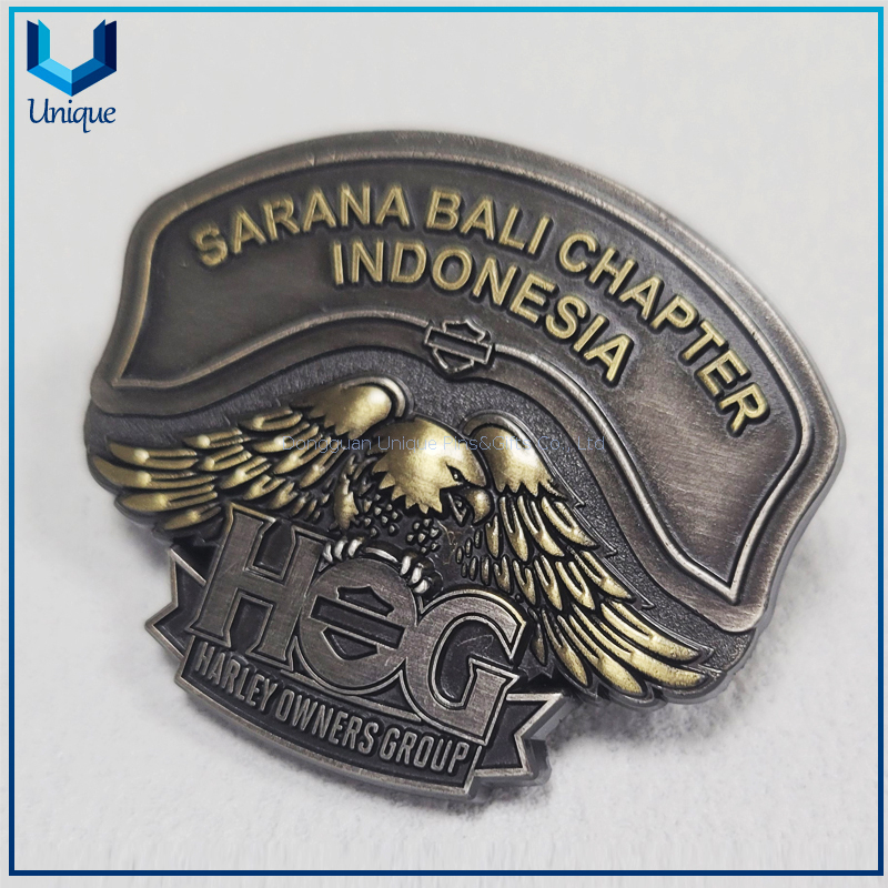 Insignia de metal personalizada para regalo de recuerdo del grupo de propietarios de Harley de Indonesia, alfileres de solapa con emblema de metal 3D chapados en dos tonos