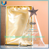 Trofeo de cristal triangular personalizado: estrella de metal de cinco puntas en oro, plata, placa de cobre en la parte superior, cuerpo con patrón de estrella de cinco puntas, texto personalizado - para premios
