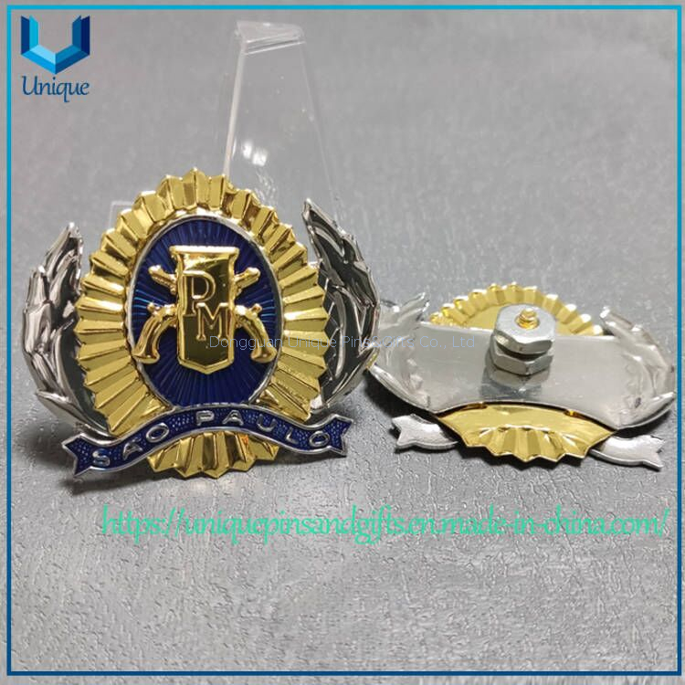 Emblema de policía militar personalizado, insignia de metal de Brasil chapado en dos tonos dorado y plateado, broche de Metal de bronce troquelado