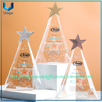 Trofeo de cristal triangular personalizado: estrella de metal de cinco puntas en oro, plata, placa de cobre en la parte superior, cuerpo con patrón de estrella de cinco puntas, texto personalizado - para premios
