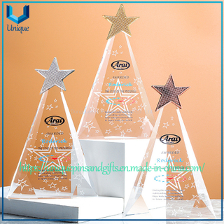 Trofeo de cristal triangular personalizado: estrella de metal de cinco puntas en oro, plata, placa de cobre en la parte superior, cuerpo con patrón de estrella de cinco puntas, texto personalizado - para premios