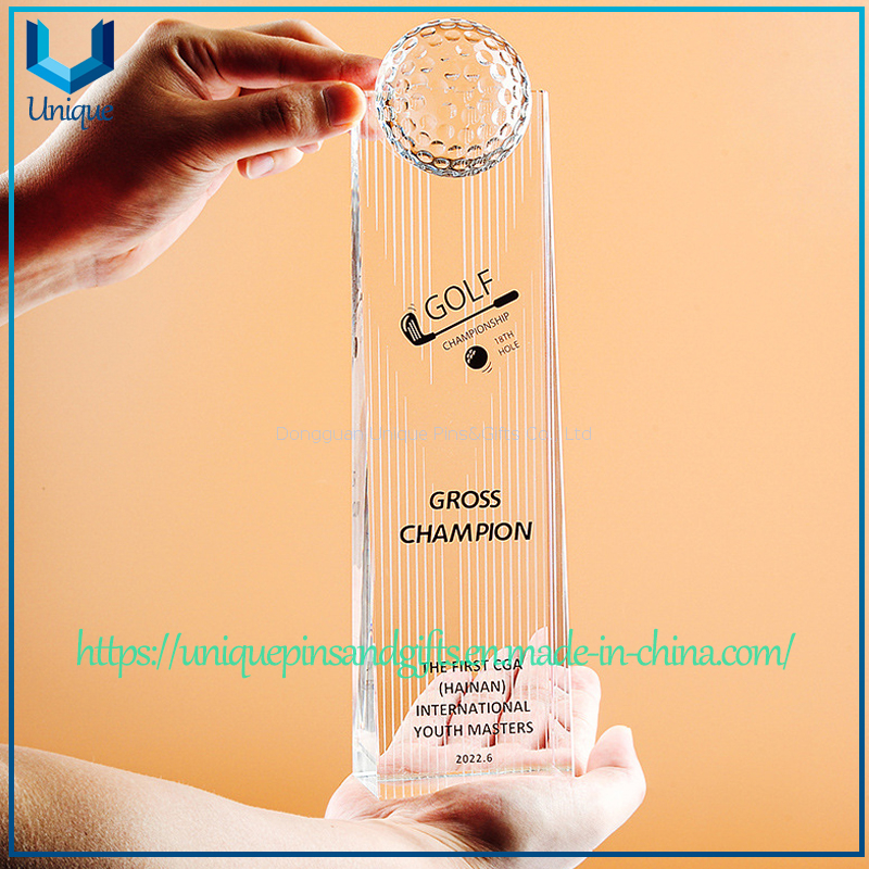 Trofeo de cristal personalizado, galardonado con premios de golf, en forma de rascacielos con una parte superior cóncava para incrustar una esfera.