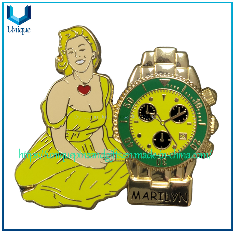 China Pin Manufactuere Pin's Creation Custom Marylin Fancy Fashion Pin con reloj 3D en esmalte duro en colores surtidos