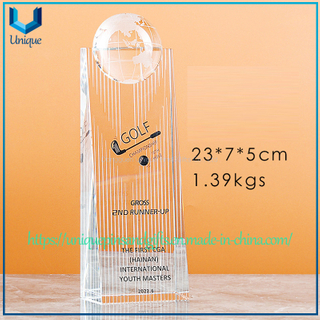 Trofeo de cristal personalizado, galardonado con premios de golf, en forma de rascacielos con una parte superior cóncava para incrustar una esfera.