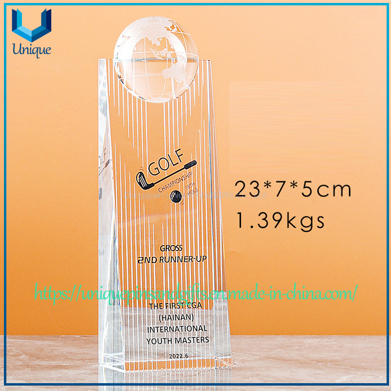 Trofeo de cristal personalizado, galardonado con premios de golf, en forma de rascacielos con una parte superior cóncava para incrustar una esfera.