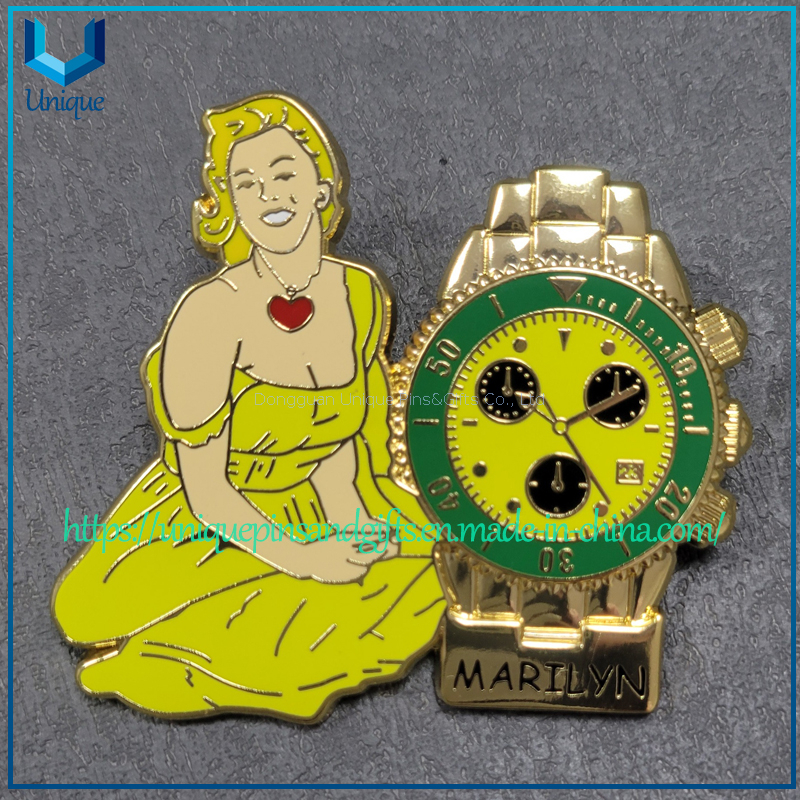 China Pin Manufactuere Pin's Creation Custom Marylin Fancy Fashion Pin con reloj 3D en esmalte duro en colores surtidos