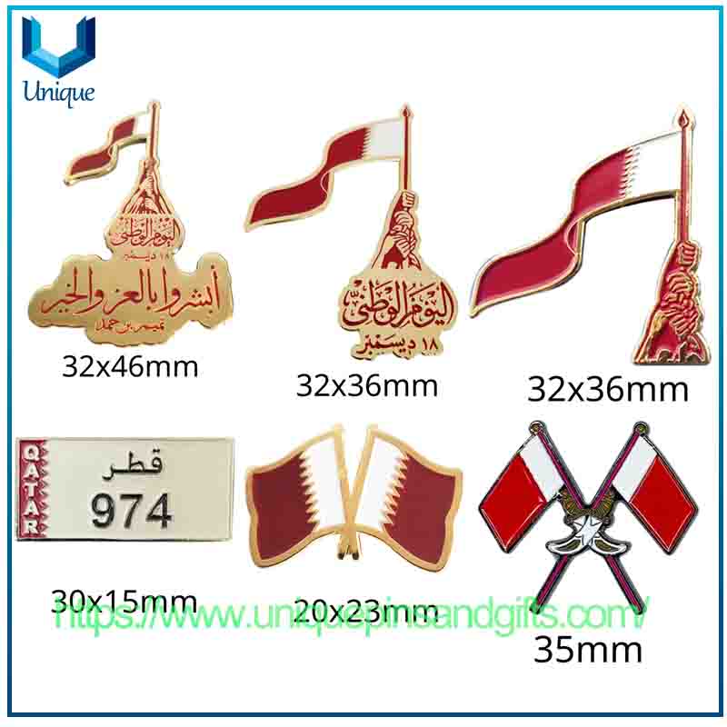 Venta al por mayor de banderas de mapas nacionales de Qatar, insignias de emblemas nacionales, pegatinas para teléfonos móviles, insignias de metal en el pecho para regalos conmemorativos de turismo de festivales