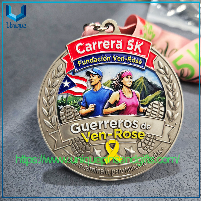 Diseño personalizado de un solo lado 3D +UV+Esmalte Puerto Rico Ven Rose Running Medal
