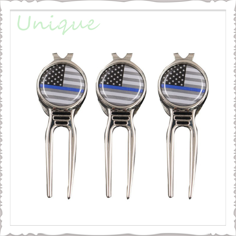Balquilla de pelota de golf barato, accesorios de golf de lujo magnéticos retráctiles automáticos, bandera de país Metal Hat Clip Golf Club Golf Horquilla Divot Herramienta con la impresión BallMarket con epoxy