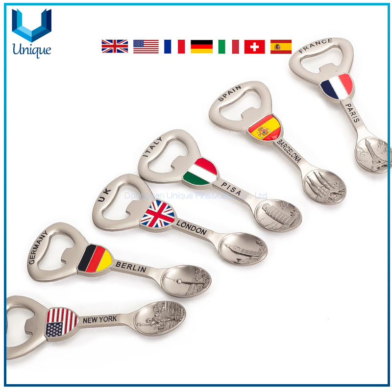 Abridor de botellas de metal de cerveza de la cuchara de la moda con imán, bandera nacional Reino Unido / alemán / Francia / España / EE.UU. Nationa Bandera abridor de botellas para regalos de promocionales