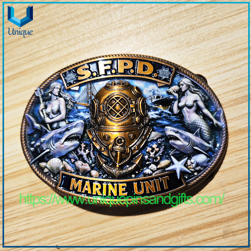 Hebilla de cinturón de metal 3D SFPD de unidad marina de EE. UU., diseño personalizado de alta calidad, con patrones exquisitos impresos UV