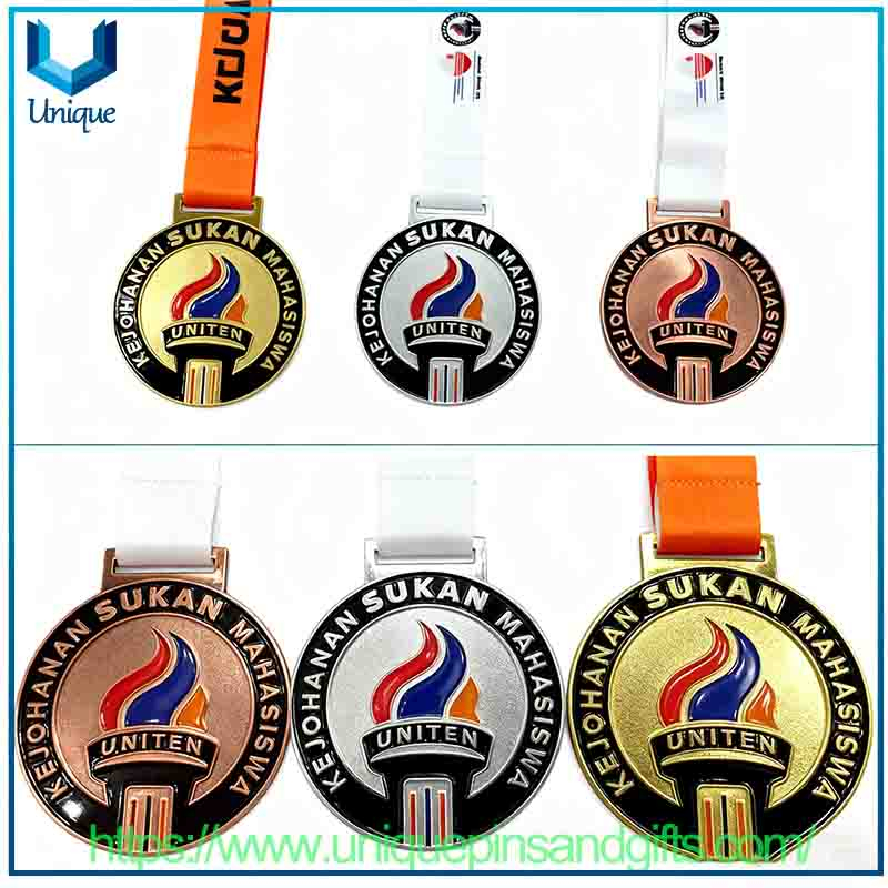 Medalla de metal 3D de Malasia de diseño personalizado, medalla escolar, medalla deportiva, medalla de maratón con cinta