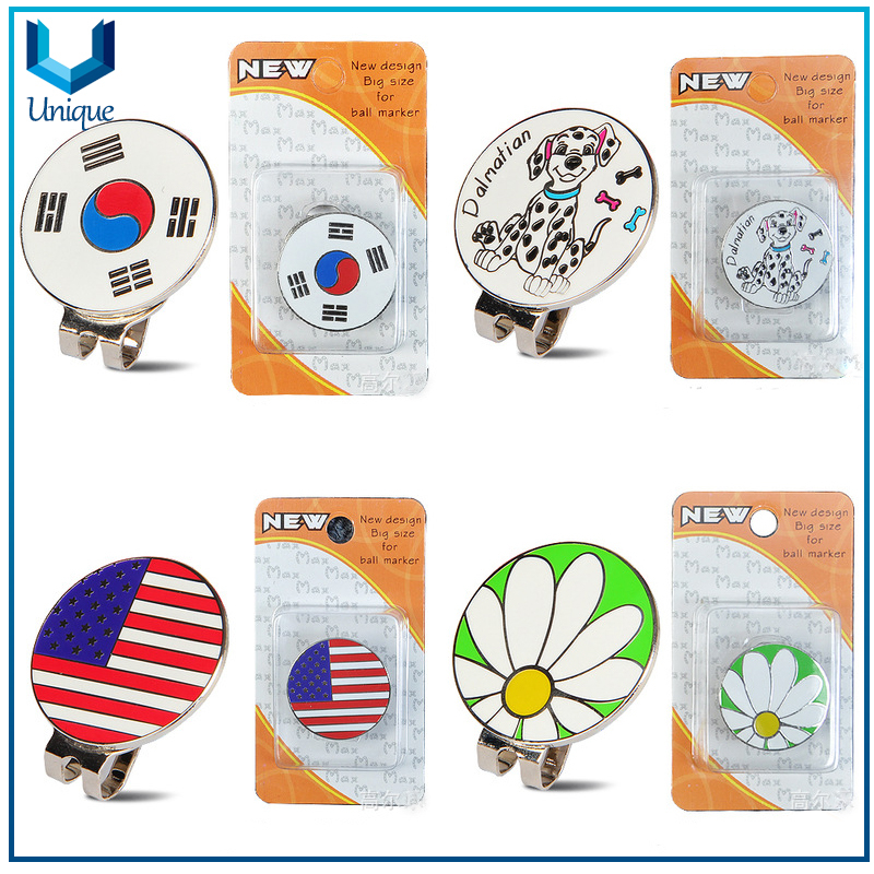 Moda Marcador de pelota de golf de metal creativo con un clip magnético del sombrero en conjunto con la tarjeta de regalo de la tarjeta de blister Embalaje para regalos promocionales