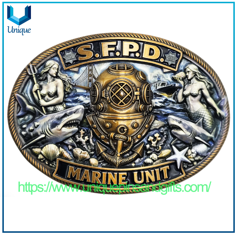 Hebilla de cinturón de metal 3D SFPD de unidad marina de EE. UU., diseño personalizado de alta calidad, con patrones exquisitos impresos UV