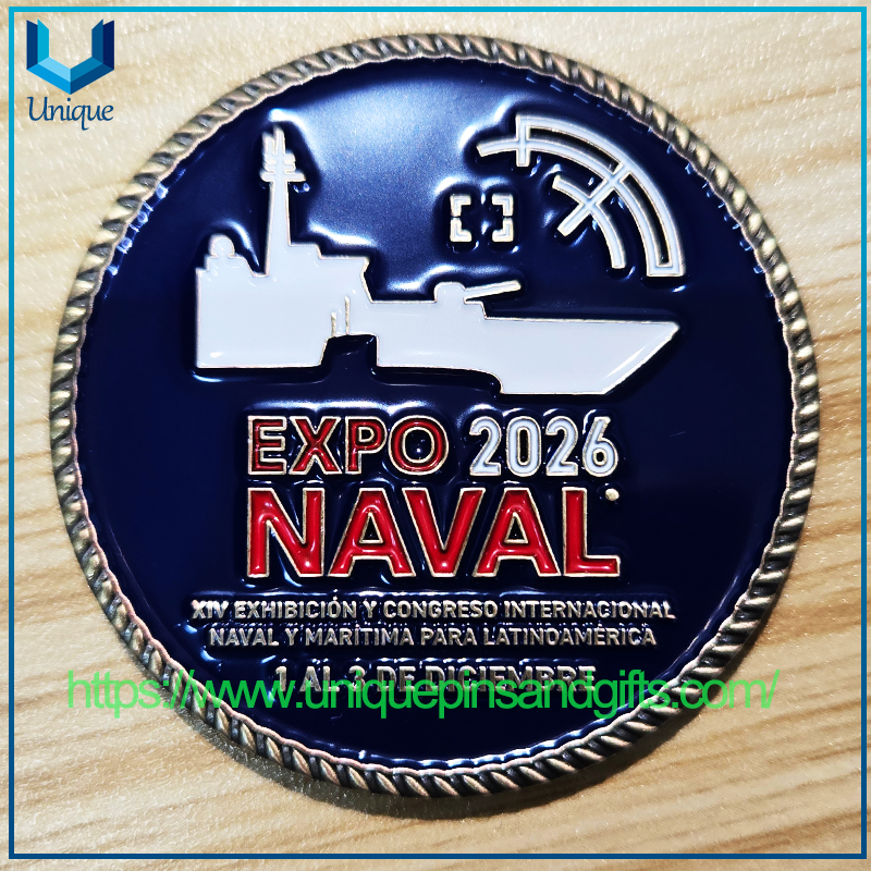 Monedas conmemorativas de metal 3D de alta calidad con diseño personalizado, monedas navales EXPO 2026 NAVAL FISA