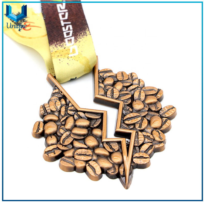 Personalice artesanías de metal, medalla de souvenirs, medalla de regalos, medalla de granos de café, medalla de carreras, medalla de competencia con cinta / cordón impreso CMYK