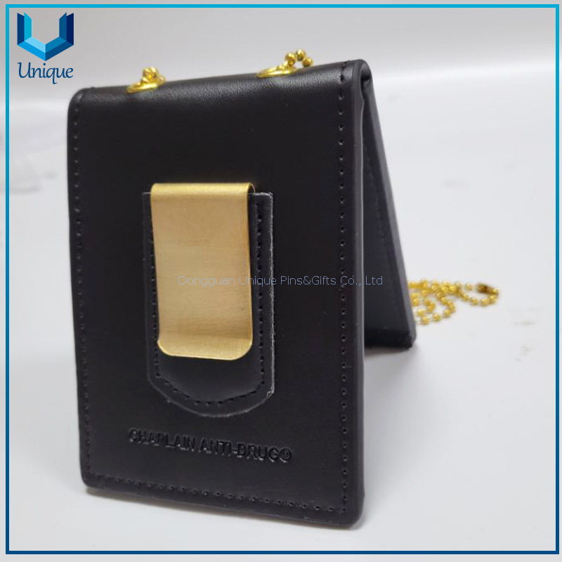 Estuche de cuero para insignia de policía, Funda de cuero / Oro 3D / Insignia de policía de Ecuador plateada con soporte de cuero genuino + Cadena de bolas, Emblema de policía, Insignia de moneda Seuvenir