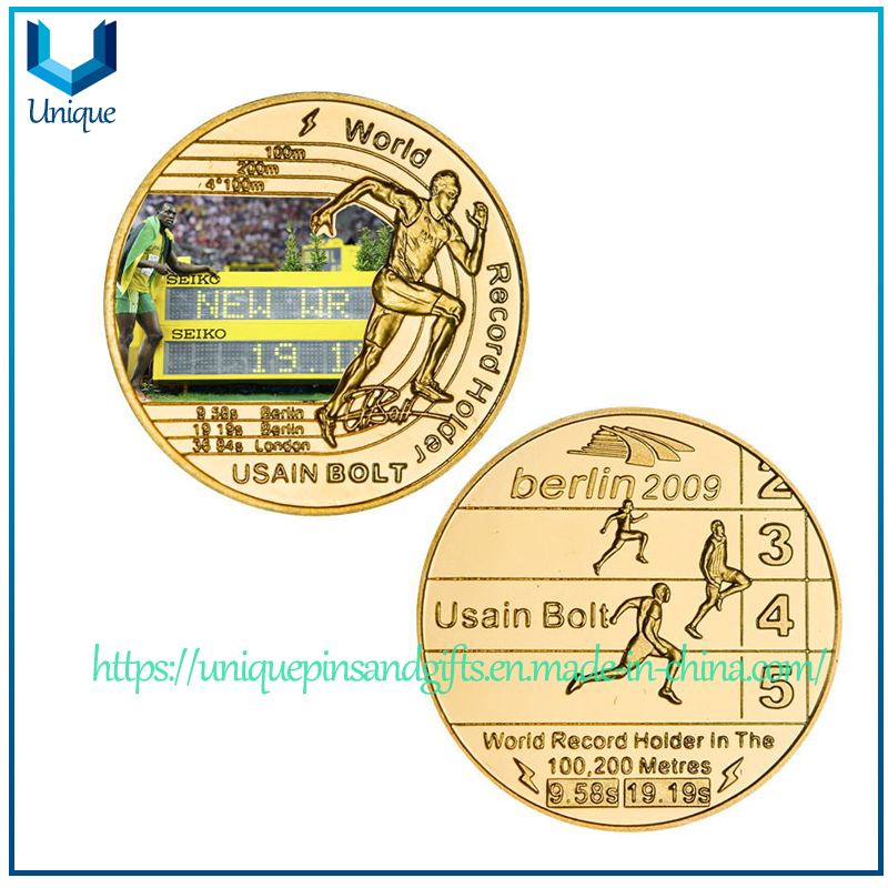 Moneda al por mayor de la medalla del espejo del oro/de la astilla de la impresión ULTRAVIOLETA, moneda conmemorativa famosa de la medalla de las estrellas del deporte