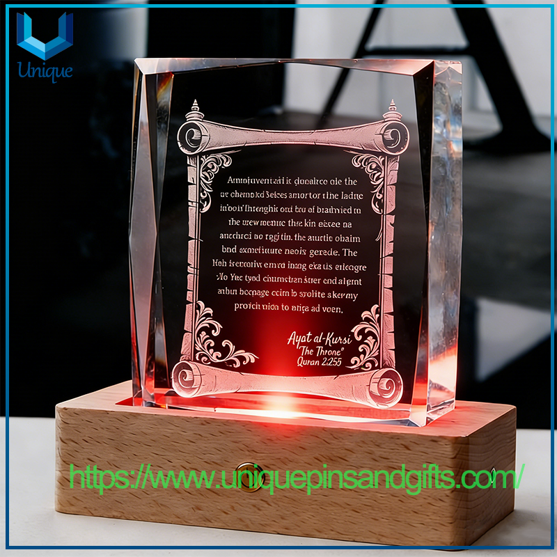 Medallas de cristal personalizadas Trofeos de cristal Adornos decorativos de cristal con patrones de texto grabados con láser dentro de la luz LED de cristal