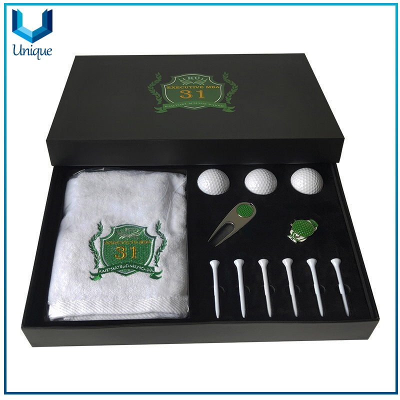 Conjunto de regalo de golf: personalizar logo Golf Towel + Golf Tee + Golf Divot Tool + Golf Ballmarker + HatClip para regalos promocionales en regalos Box Embalaje