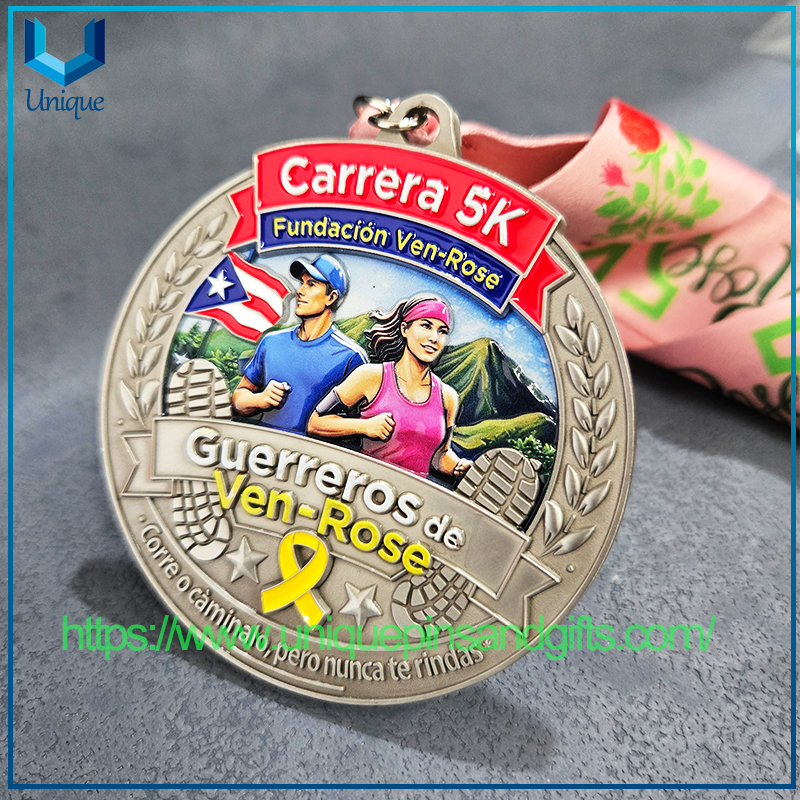 Diseño personalizado de un solo lado 3D +UV+Esmalte Puerto Rico Ven Rose Running Medal