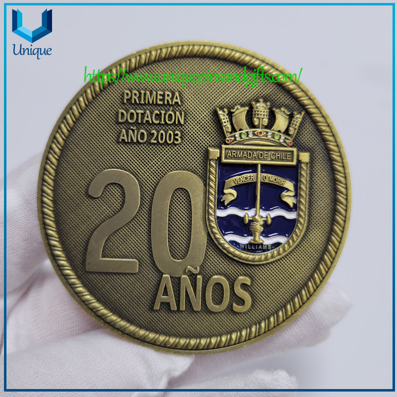 Moneda de diseño personalizado dual 3D Chile, 63,5mm de diámetro, cobre antiguo, barco militar, monedas de desafío