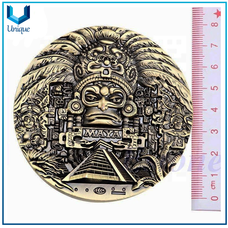Personalice una moneda de latón antiguo 3D, gran tamaño Maya Aztec Statue Moneda conmemorativa 3D, antigua moneda de desafío de Egipto