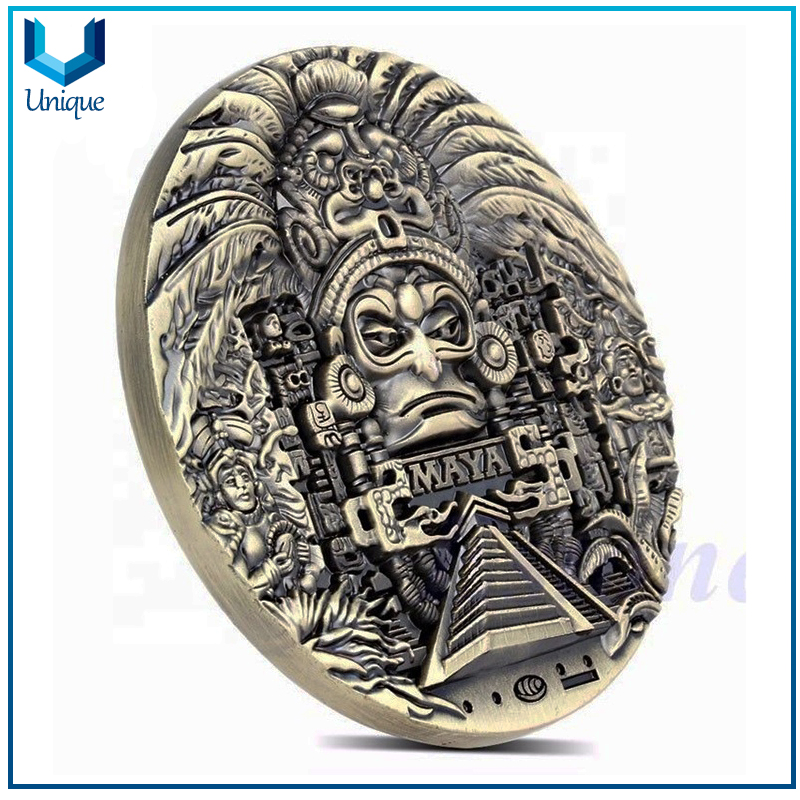 Personalice una moneda de latón antiguo 3D, gran tamaño Maya Aztec Statue Moneda conmemorativa 3D, antigua moneda de desafío de Egipto