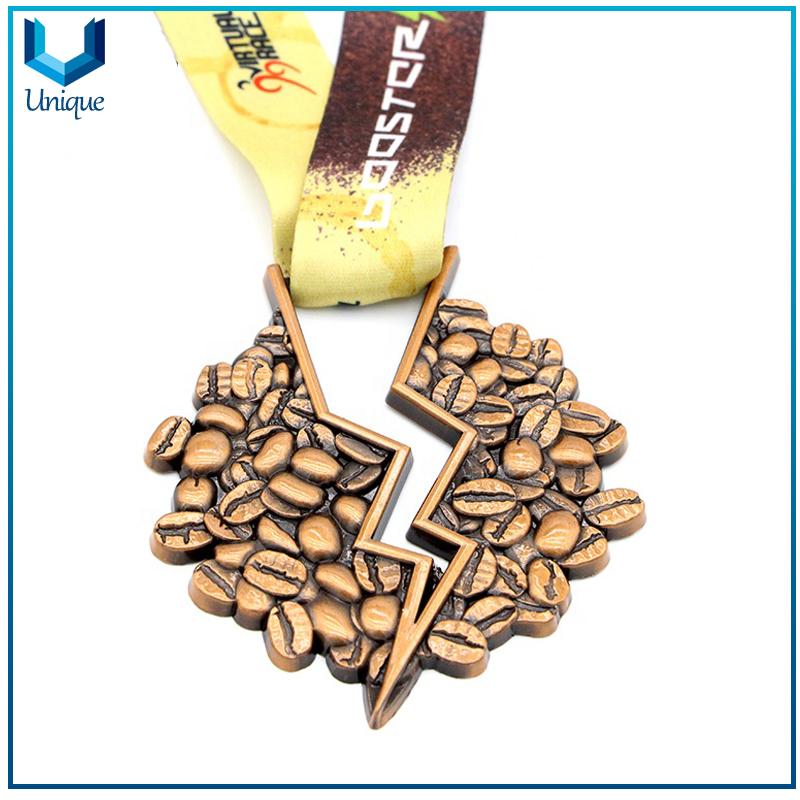 Personalice artesanías de metal, medalla de souvenirs, medalla de regalos, medalla de granos de café, medalla de carreras, medalla de competencia con cinta / cordón impreso CMYK