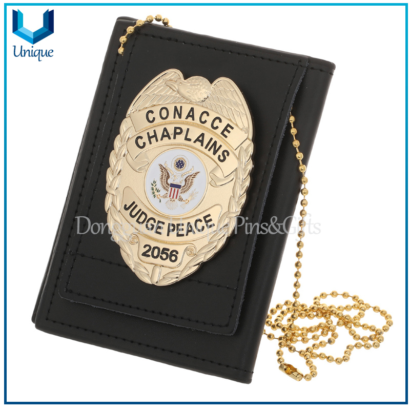 Insignia de policía de alta calidad, cubierta de cuero/oro 3D/placa de policía plateada de Ecuador con soporte de cuero genuino + cadena de bolas, emblema de policía, insignia de moneda Seuvenir