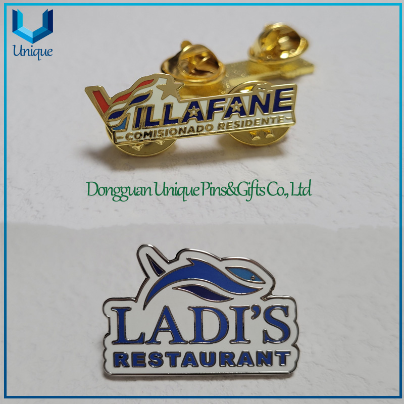 Broche de Metal de diseño personalizado para restaurante LADI de Puerto Rico, chapado en dos tonos dorados y plateados, broche de Metal de cobre troquelado