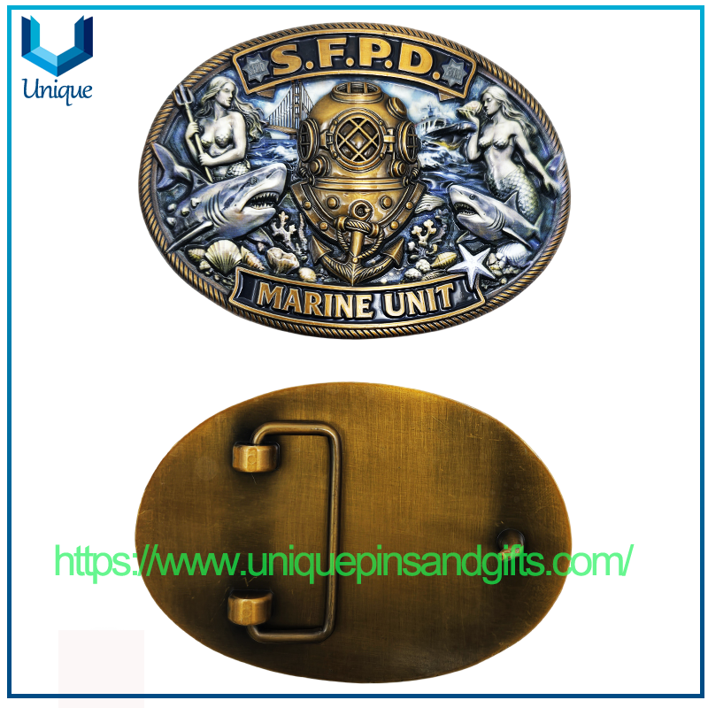 Hebilla de cinturón de metal 3D SFPD de unidad marina de EE. UU., diseño personalizado de alta calidad, con patrones exquisitos impresos UV