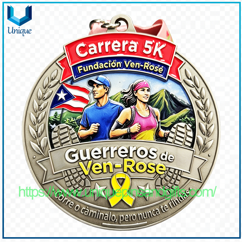 Diseño personalizado de un solo lado 3D +UV+Esmalte Puerto Rico Ven Rose Running Medal