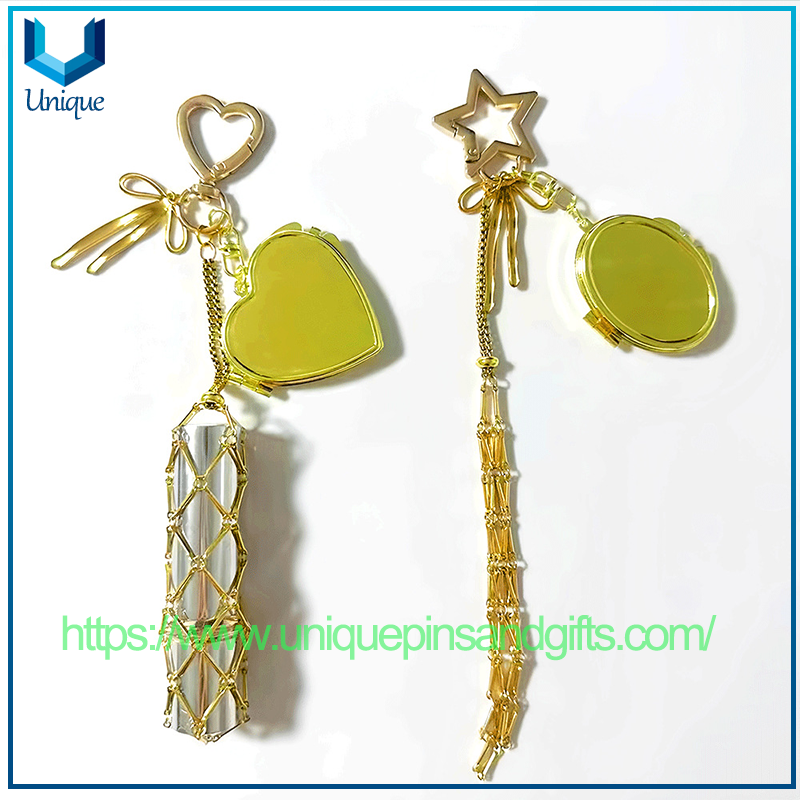 Nuevo estilo, colgante de bolsa de red de lápiz labial de acero inoxidable dorado, colgante de bolso de lápiz labial de moda, llavero colgante encantador