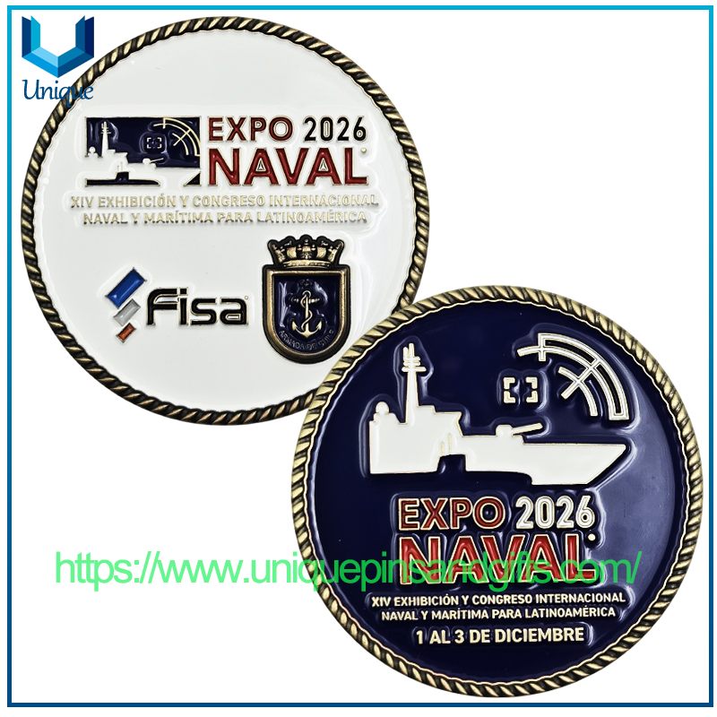 Monedas conmemorativas de metal 3D de alta calidad con diseño personalizado, monedas navales EXPO 2026 NAVAL FISA