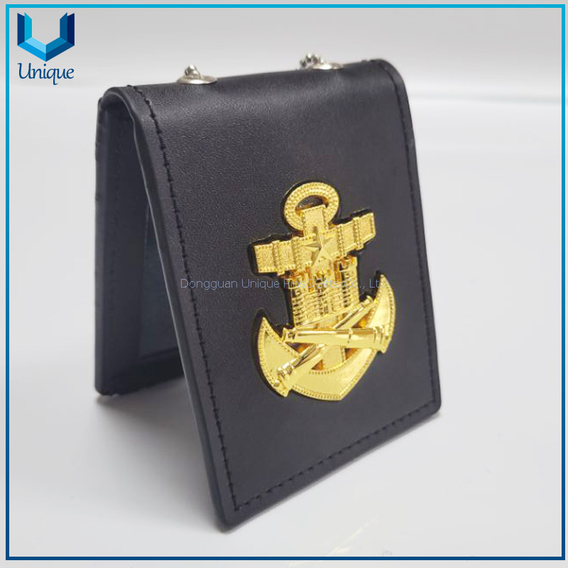 Estuche de cuero para insignia de policía, Funda de cuero / Oro 3D / Insignia de policía de Ecuador plateada con soporte de cuero genuino + Cadena de bolas, Emblema de policía, Insignia de moneda Seuvenir