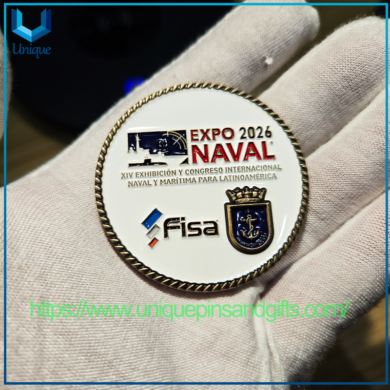 Monedas conmemorativas de metal 3D de alta calidad con diseño personalizado, monedas navales EXPO 2026 NAVAL FISA