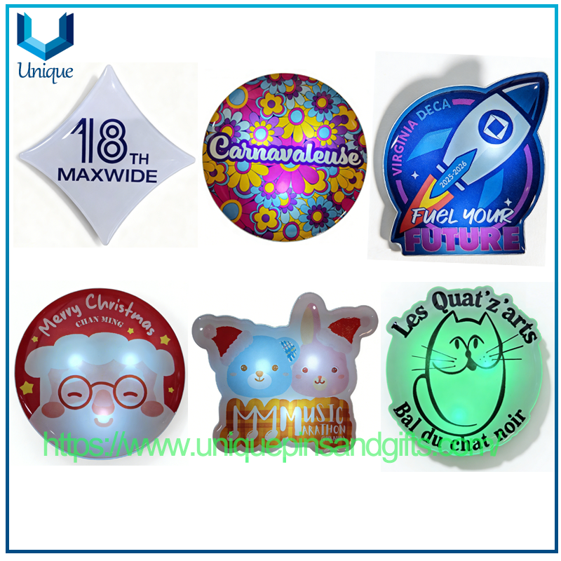 Insignia de pecho luminosa acrílica colorida con logotipo de actividad personalizado con insignia intermitente LED