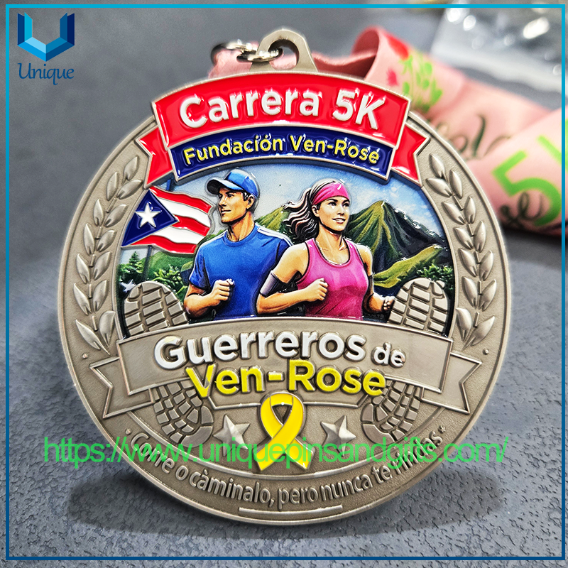 Diseño personalizado de un solo lado 3D +UV+Esmalte Puerto Rico Ven Rose Running Medal