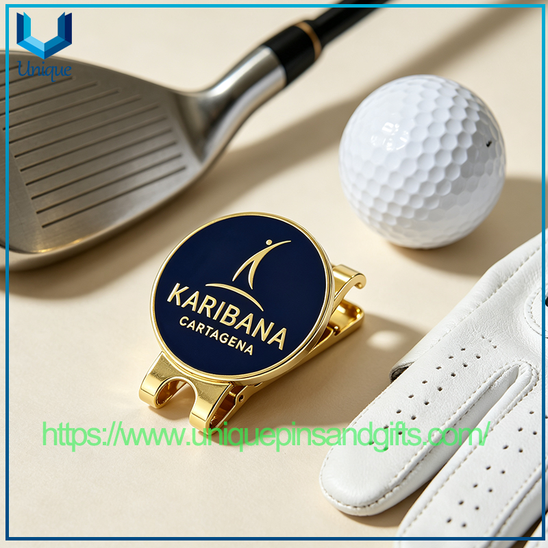 Personalice el marcador de pelotas de golf de esmalte duro con clip para sombrero chapado en oro